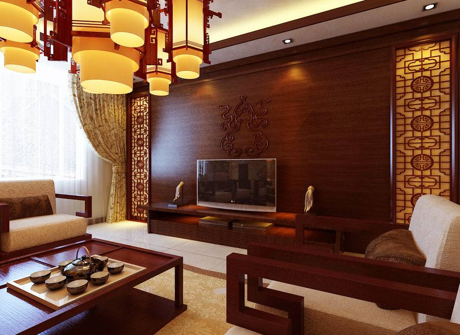 中式客厅窗帘电视背景墙设计方案
