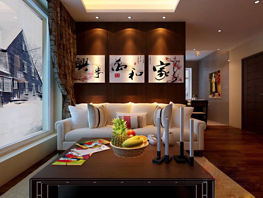中式客厅隔断背景墙沙发装修效果展示