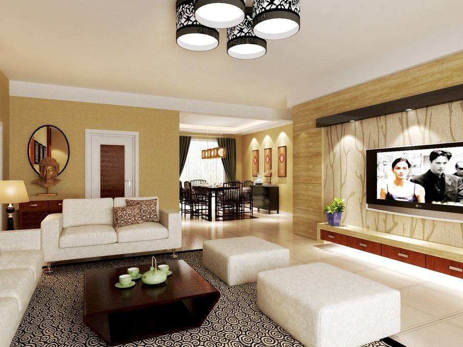 中式客厅背景墙沙发灯具设计案例展示