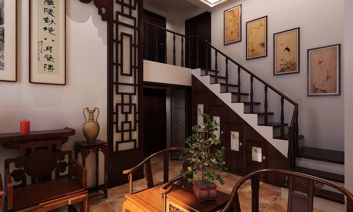 中式客厅复式楼吊顶楼梯设计方案