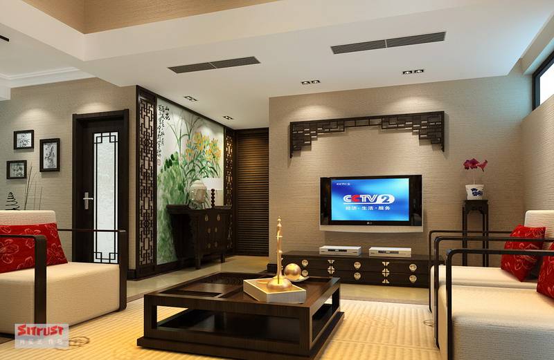 中式中式风格新中式客厅吊顶电视背景墙装修效果展示