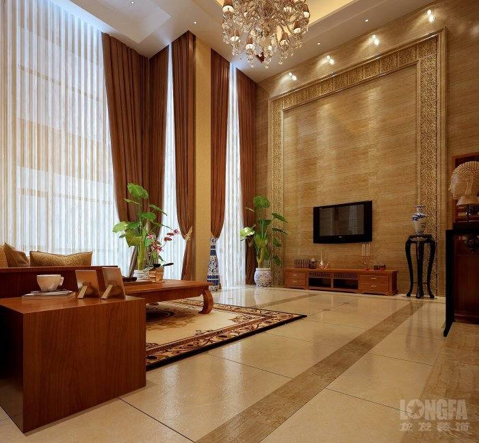 新中式客厅别墅窗帘电视柜电视背景墙效果图