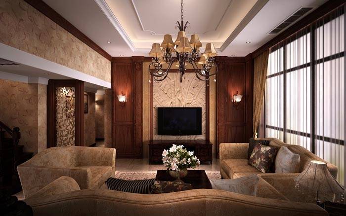 美式美式风格客厅吊顶背景墙电视背景墙设计案例