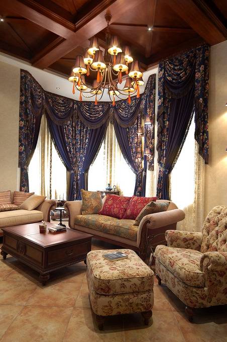 美式客厅别墅吊顶窗帘设计图