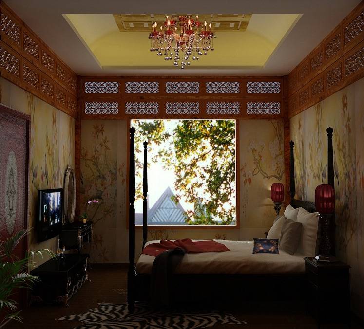 中式卧室吊顶电视背景墙设计方案