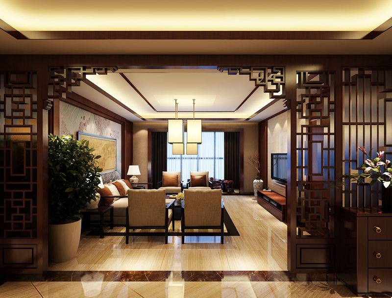 中式新中式客厅吊顶电视背景墙案例展示