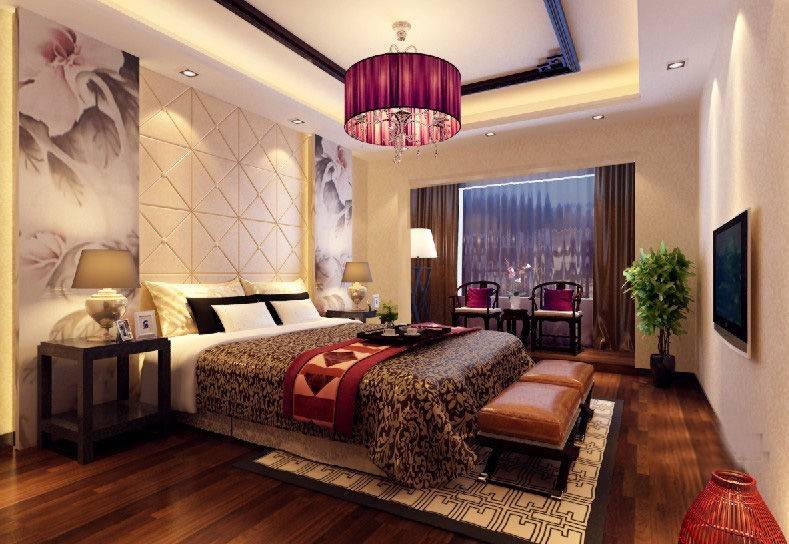 中式新中式卧室吊顶电视背景墙设计案例