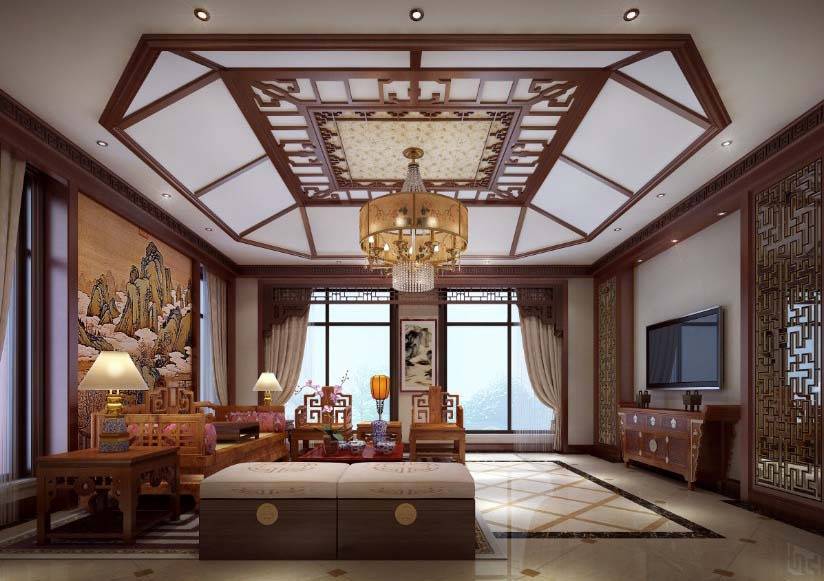 中式中式风格客厅别墅吊顶电视背景墙装修案例