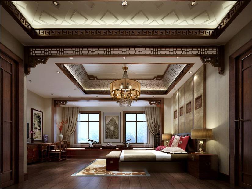 中式中式风格卧室别墅吊顶设计案例
