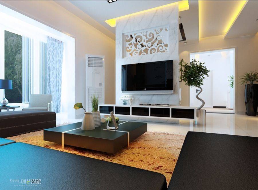 现代简约客厅吊顶窗帘电视柜电视背景墙设计案例