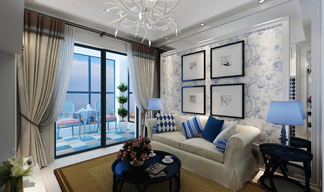 地中海客厅窗帘沙发台灯门窗设计方案