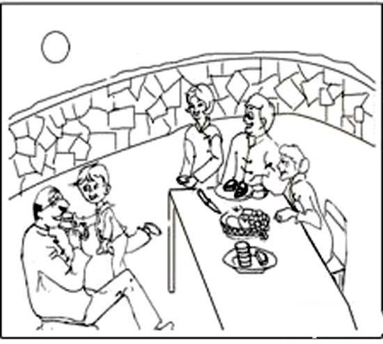 手绘重阳节情景简笔画图片：重阳家庭聚餐