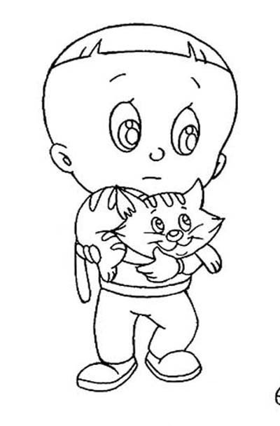 少儿抱小猫咪的大头儿子简笔画图片