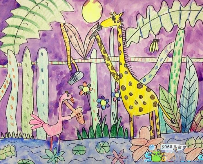 简单的动物场景画作品之长颈鹿和火烈鸟