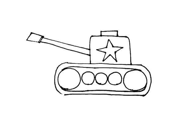 第六步：坦克主体的前方画上一个斜的长方形，前面再画一个稍大的长方形作为炮口。