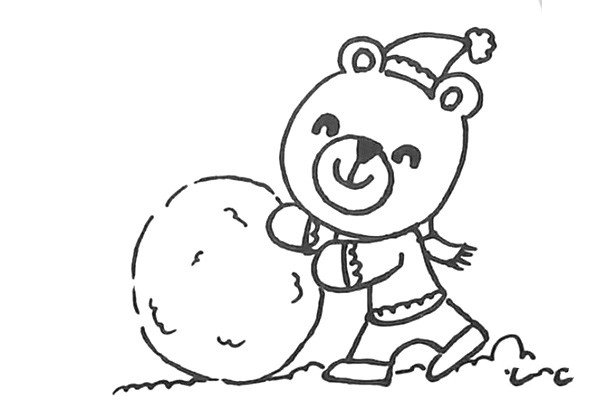 6.画小熊推着的雪球，再用波浪线画上雪地。