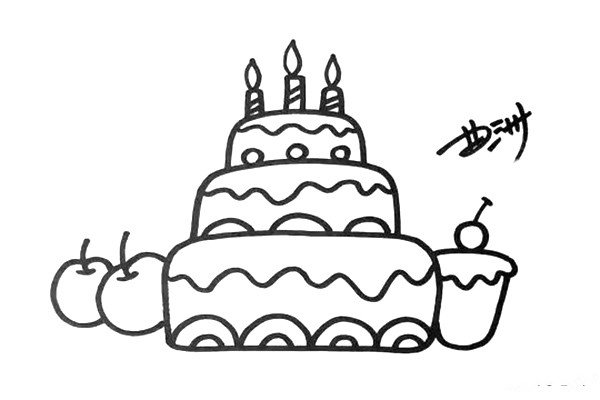 3.加一些小蛋糕、布丁或者水果吧，你还可以画出更多的生日用品。