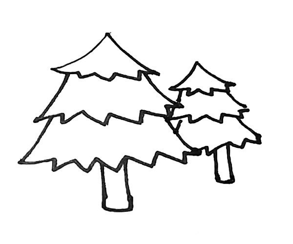 第六步：接着用同样的方法画上一个小一些的松树在旁边。