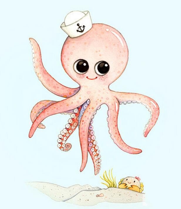 八爪小章鱼海底世界水彩画作品分享