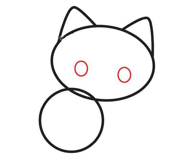 (步骤4)在小猫的头部画两个圆眼睛。