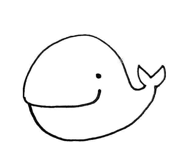 第三步：下面再画上半个大的椭圆形，再用弧线画出鲸鱼的尾巴。