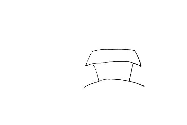 第一步：先画上一条拱形的弧线，两边画上两条竖线，最上面画上一个梯形。