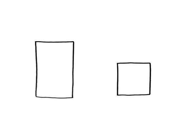 1.在画面的左边和右边画出一个长方形、一个正方形，这里可以借助一下尺子。