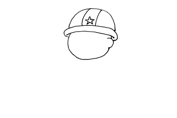 第三步：再在上面画一个半圆作为帽子，里面竖下两条线加一个五角星做装饰。