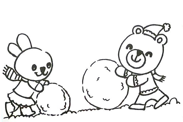 12.画小兔子推着的雪球和草地。