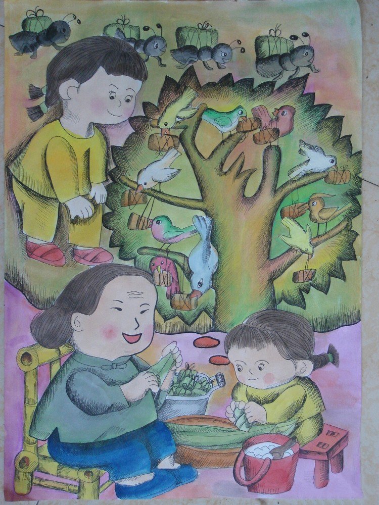 端午节获奖儿童画-和奶奶学包粽子