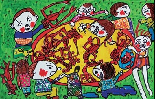 快乐的国庆节儿童画-国庆吃龙虾