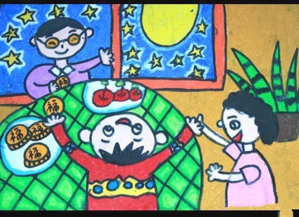 少儿中秋节儿童画图片：赏月吃月饼