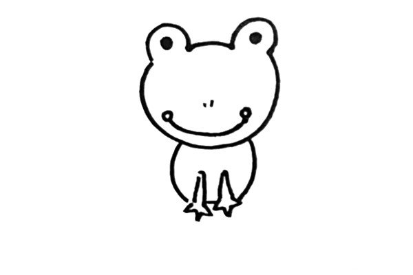 第四步：用两条弧线画上青蛙的身体形状，再画上它的前肢。