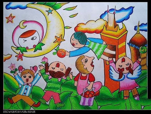 中秋节为主题儿童画-我和月亮做朋友