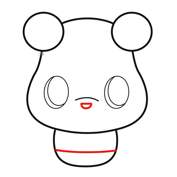 8.画一个横向字母D形作为小熊的鼻子，画一个略弯曲的线作为分隔线。
