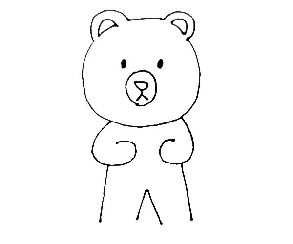 第五步：从小熊手下边竖下来两条线，中间画上一个小三角形，这是小熊的腿。