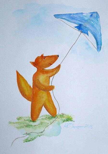 小狐狸放风筝关于天空的水彩画图片欣赏