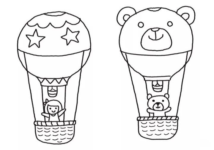 6.画出框内站着的小熊和热气球伞盖花纹。