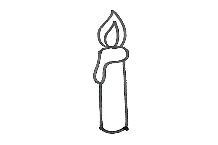 第三步：竖下来两条线，然后连接起来形成蜡烛的形状。