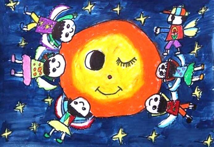 中秋节去亲月亮，中秋节主题儿童画作品