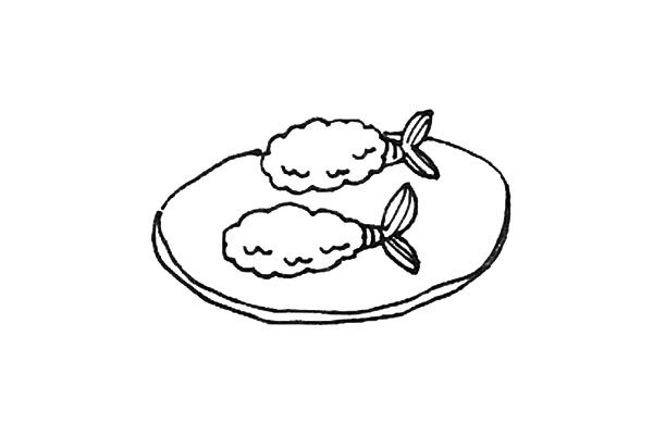 第七步：在炸虾的下面，再画上一个椭圆形的盘子，并加上一层的厚度。