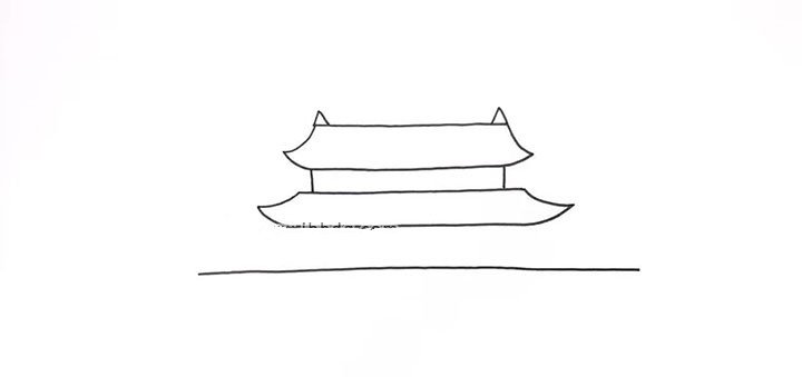 2.然后画出第二层，第二层要长一点，画好后用一根长长的直线画出城墙。