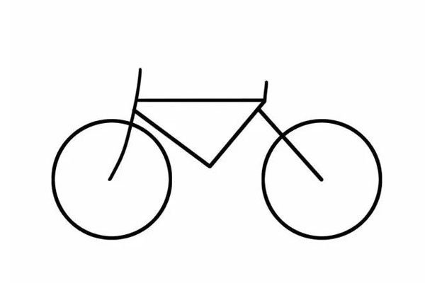 第五步:画一根连接三角形和后轮的线，然后在三角形偏后的位置画一根短线，当做自行车的后座连接杆。