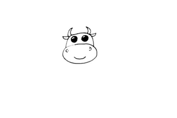 第三步：画上小奶牛的大大的眼睛，再画上鼻子和嘴巴。