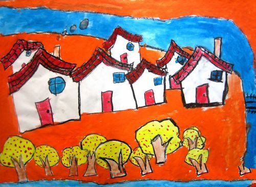 秋天景色儿童画-秋天的小屋