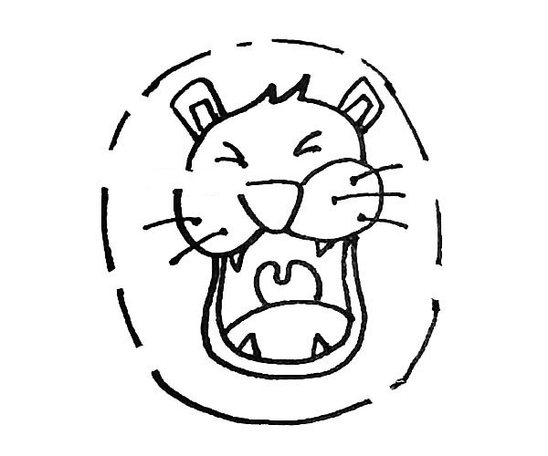第六步：画好脸以后，我们来画狮子的鬃毛，用长短不一的线段，绕着狮子的脸画椭圆形，注意不要连接起来。
