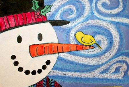 站在雪人鼻子上的小鸟绘画作品在线看