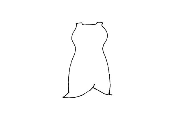 第二步：用直线画上连衣裙的衣领和肩带，下面用交叉的弧线画上裙摆。