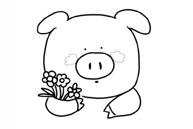 3.画出小猪的另一只手， 还有小猪的眼睛、鼻子、嘴巴 给小猪的脸颊画上两坨可爱的腮红。