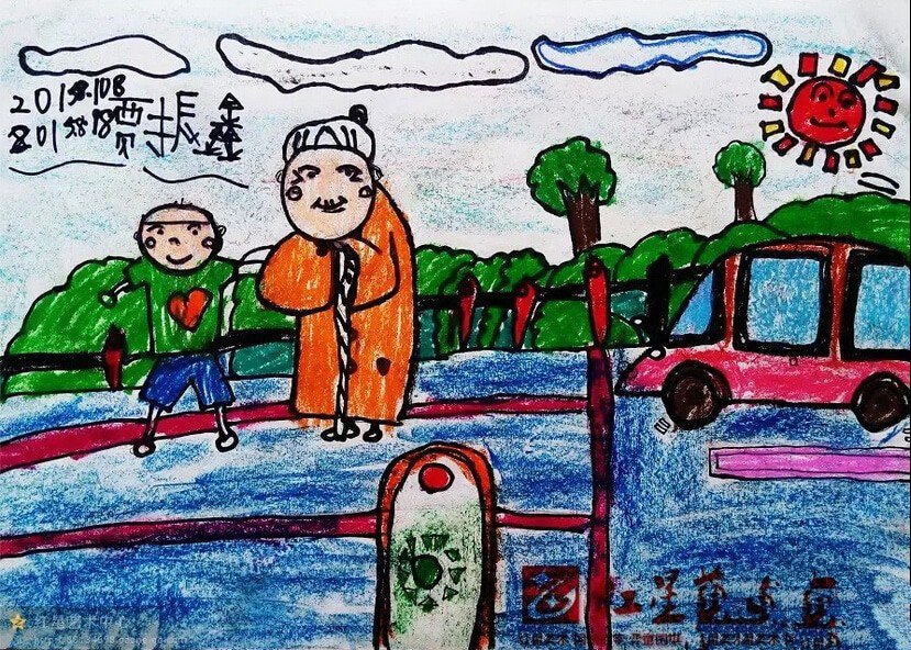 重阳节尊老儿童画欣赏-扶老奶奶过马路